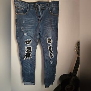 Men's Distressed Patch Blue Slim Fit Jeans W32 L32